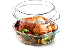 NUTRIUPS Duże naczynie do zapiekania 4 l z pokrywką, 32,5 x 27,7 x 13,2 cm, szklane naczynie do pieczenia z pokrywką do chleba, okrągłych naczyń do zapiekanek, kuchenki mikrofalowej i piekarnika