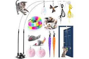 LongForU Canne à pêche pour chat avec plumes et ventouse – Jouet interactif pour chat et chat