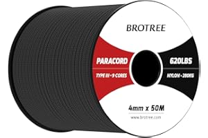 Brotree Paracord 4mm 50M 9 Strands 100% Nylon Rope Type 3 Parachute Cord for Outdoor, Bracelet, DIY - 280kg Breaking Load (Black)