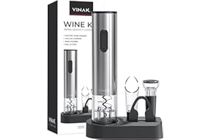 VINAK - Set vino - WINE KIT - Cavatappi elettrico a batterie in acciaio inox + tappo vino vuoto + versatore vino + tagliacapsule | Design moderno | Apribottiglie senza sforzo