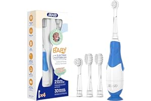 Seago Spazzolino da denti elettrico per bambini a partire da 0 1 2 3 anni, con luce LED, spazzola rotonda morbida di ricambio, spazzolino elettrico per bambini, timer intelligente da 2 minuti