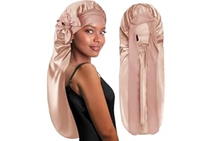 ‎BONNET QUEEN BONNET QUEEN Lange Satin Zopfhaube, Seidenhaube zum Schlafen Lange Haare mit Verstellbare Bindeband, Schlafhaube Seide für Locken & Zöpfe, Schlafmütze Damen, Champagne