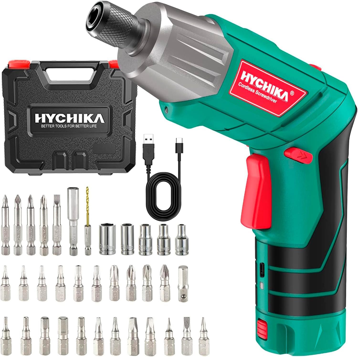 HYCHIKA Atornillador Eléctrico 6Nm, Destornillador Eléctrico (Máximo Par 6 N.m, 3.6V, 2.0Ah) LED Luz como Linterna, Cable USB, 35 Accesorios, Estuche portátil, Para Reparaciones en El Hogar