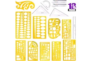 SWPEET Sweet 18 Pieces Yellow Plastic Geometric Drawing Templates Kit, 10 Different Geometric Designs with 2 Pencils and 5 Measuring Rulers