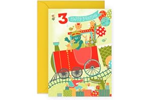 CENTRAL 23 Kartka urodzinowa dla chłopców - kartka urodzinowa dla dziewczynek w wieku trzech lat - kartka z okazji trzeciego roku życia dla dzieci - zwierzęta pociągi żyrafa krokodyl - karta z kamieniem milowym 3 lata - w zestawie z naklejkami