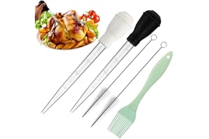 BOAO Nylon Heat-Resistant Turkey Baster Cooking Set Includes Meat Baster, 1 Silicone Basting Brush and 2 Cleaning Brush for BBQ Grill Baking Kitchen Cooking (Black White, 5 Pieces)