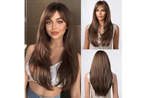 Esmee Długa Prosta Brązowa z Podkreśleniem Peruka z Grzywką Naturalne Syntetyczne Włosy Codzienne Peruki Imprezowe dla Kobiet