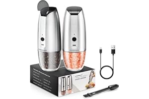PAISHENKEJI Molinillo Pimienta Electrico, Juego de Molinillo Eléctrico de Sal y Pimienta Recargable USB con luz led, Molinillo Sal Automático con Grosor Ajustable, Para Cocina, BBQ