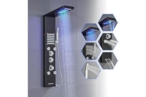 ROVOGO Black Thermostatic Shower Panel Tower System with LED Lights - Stainless Steel 304 Shower Panel Column Tower with Waterfall Rainfall Shower, Massage Jets, Hand Shower, Tub Spout, Wall Mounted