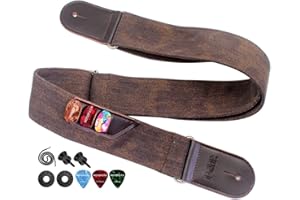 ROTOPATA Guitar Strap with 3 Pick Holders, Genuine Leather/PU Ends, Adjustable Length from 33" to 55", Soft Cotton Straps for Acoustic Bass Electric Guitars