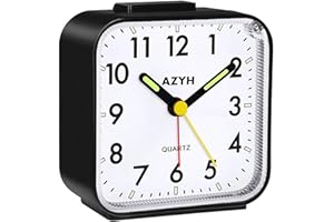 Azyh Analog Alarm Clock, Silent No Ticking Alarm Clock with Light, Snooze, Battery Operated, Loud Alarm, Luminous, Portable Clock, Quiet Small Travel Clock for Deep Sleeper