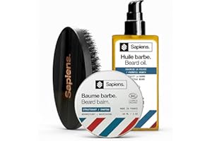 Sapiens Trio de Soin Barbe Homme - Huile Barbe Bio + Baume Barbe Bio + Brosse en Poils de Sanglier - Essentiels de Soins pour Barbe - Fabriqué en France