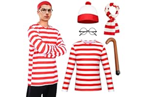 Maryparty Wally Costume Set Long Sleeve Red & White Stripe Top + Red & White Bobble Hat + Black Nerd Glasses Fancy Dress Costume Set for World Book Day