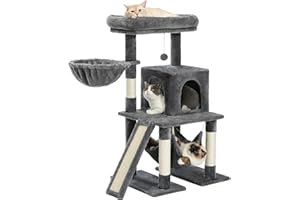 PETEPELA Árbol rascador de 105 cm, multifunción, con hamaca de 35 cm, cuerda de sisal, tronco, juguete para gatos, cueva, gris
