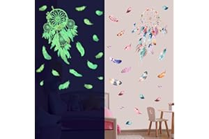 KAIRNE Boemia adesivo Luminoso,Piuma Adesivi Murali Bambini Ragazza,Acquerello Piuma Decorazioni Pareti Cameretta Bimba,Adesivi Fluorescenti Camera da Letto,Fiori Luminosi Decalcomanie per Soggiorno