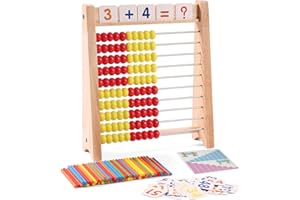 Elvozvets Rechenrahmen rot-gelb Abakus Holzabakus mit 100 Zählstäben und Zahlenkarten von 1-100, Student`s Abacus, Rechenschieber Rechenrahmen Kinder Grundschule Abakus zum Zählen