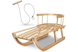 ‎BAMBINIWELT BY RAFAEL K. Kinderschlitten 90 cm mit Rückenlehne - Holzschlitten aus massivem Buchenholz - Rodelschlitten Schneeschlitten Davoser mit Leine & Griff - robuste Kufen mit Leichtlauf-Stahlkufenbeschlägen