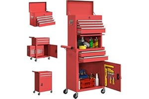 HOMCOM Lockable Tool Cabinet, 3-in-1 Rolling Tool Chest Combo with 6 Drawers and Pegboard, Detachable Steel Tool Storage Cabinet for Garage and Workshop, Red