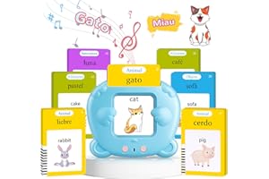 AHJ Tarjetas Flash Parlantes Español, Juegos Educativos Niños 2-6 Años, 112 Hojas, 224 Palabras en Español, Juguete Montessori, 3 Modo de Idioma: Español/Inglés/Bilingüe (Azul)