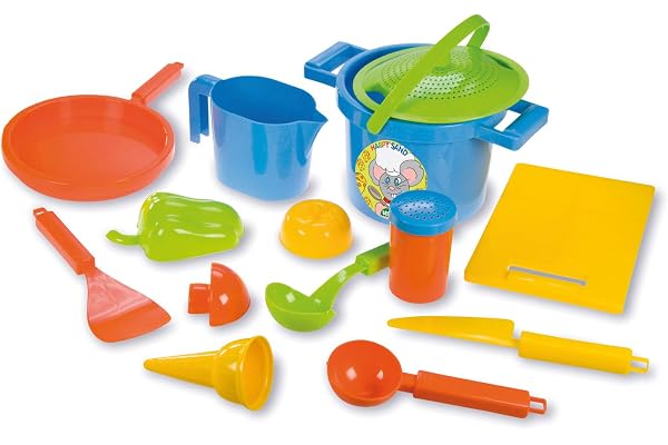 LENA - 05410 Set de cuisine Happy Sand de 14 pièces, jouets pour enfants à partir de 2 ans, avec casserolle, passoire, 3 moules, planche à découper, cuillère à crème glacée, accessoires de cuisine
