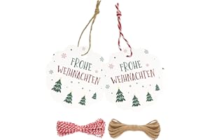 G2PLUS Weiß "FROHE WEIHNACHTEN" Anhänger, 100 Stück Geschenkanhänger mit Frohe Weihnachten, 6CM Papier Weihnachtsanhänger mit Schnur, Weihnachten Etiketten Anhänger für Geschenk, Weihnachten Deko