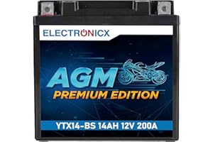 Electronicx AGM YTX14-BS Motorradbatterie 12V 14Ah 200A Zuverlässige AGM-Starterbatterie - wartungsfrei kompakt vibrationsfest versiegelt auslaufsicher - für Roller, Quad, Motorrad & Rasentraktor.
