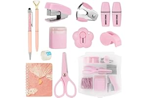 OFFCUP Kit de Papelería de Oficina, Juego de Suministros de Oficina con Cuaderno, 2 Resaltadores, 2 Bolígrafos, Grapas, Qquitagrapas, Clips, Sacapuntas para Oficina Hogar y Escuela (Rosa)