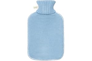 UMOI Bouillotte de haute qualité en caoutchouc naturel 1.8 litres avec housse en tricot fin gris foncé et couvercle à coutures blanches (Bleu Clair)