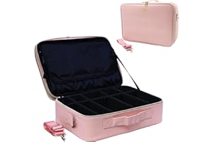 FAIM BEAUTY Travel Makeup Train Case Makeup Cosmetic Case Organizer Portable Artist Storage Bag with Adjustable Dividers for Cosmetics Makeup Pink Medium