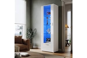 ELEGANT White High Gloss Sideboards with 16 colors LED Light Single Door Modern Tall Display Cabinet Furniture for Living Room, H187xW60xD40cm