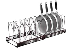 Dicsonizea pots and pans organiser for cupboard, Expandable baking tray storage rack, Metal pan holder, lid organiser with 10 Adjustable Compartments, pot organizer, for Cutting Board