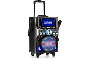 auna Pro DisGo Box 360 Black Edition - Equipo Karaoke, Sistema de Audio con Altavoz Grande Bluetooth con microfono, Pantalla TFT de 7'', CD/CDG/CDR/MP3, 2 Micros, Soporte tabletas, CD Karaoke, Negro