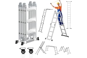 Joparri Scala multiuso 4 x 3, 360 cm, 7 in 1, in alluminio, con 2 piattaforme e 2 ruote per il trasporto fino a 150 kg, scala multiuso pieghevole