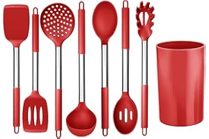 Joyfair Lot de 8 ustensiles de cuisine en silicone avec poignée en acier inoxydable antiadhésifs résistants à la chaleur ensemble de couverts de cuisine avec porteustensiles sains et durables Rouge