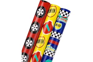 RUSPEPA Rotolo Di Carta Da Regalo Di Compleanno - Mini Rotolo - Fantastico Set Di Auto Da Corsa Perfetto Per Feste, Feste, Regali Per Bambini - 3 Rotoli - 43,2 cm X 305 cm Per Rotolo