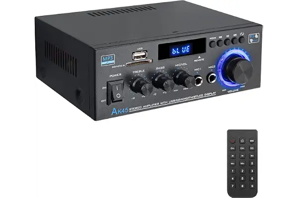 PROZOR Amplificador de Audio Bluetooth 5.0 Amplificador HiFi Estéreo 40W+40W con Pantalla LCD Amplificador Sonido Digital Función Radio FM Tarjeta TF SD Dos Microfonos para Cine en Casa, Coche