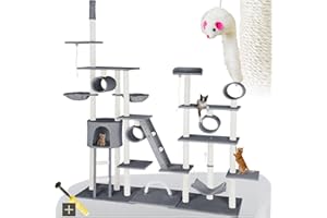 tectake® árbol rascador para gatos, con casita, 2 nidos giratorios, plataforma, hamaca, sistema antivuelco, ratón de juguete, cama para gatos, rascador gato, postes de sisal - 261 cm alto Gris