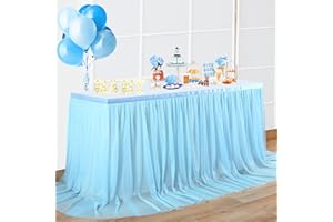 NSSONBEN Tulle Table Skirt Sky Blue Table Skirts Table Decoration for Baby Shower, Baby Shower Girls, Wedding, Birthday, Children's Birthday, Communion, 275 x 77 cm Blue Tulle Table Skirt