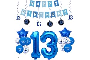 Pargleev 13th Birthday Decorations for Boys Girls,16in Number 13 Birthday Foil Balloons with Swirl Decorations Happy Birthday Banner and Star Foil Balloons 10PCS Confetii and Latex Balloons Blue