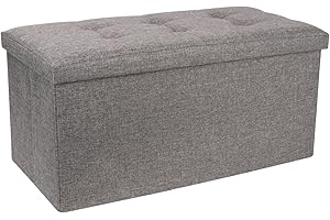 OUNUO 76 x 38 x 38 cm Large Folding Storage Ottoman Box Toy Chest and Footstool Grey Linen Fabric, Comfy Sponge Bench Space Saving