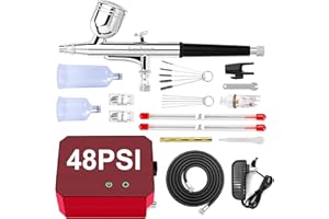 Omeyo Airbrush Kit with Air Compressor, 48 PSI High Pressure Air Brush Non-Clogging with 0.2/0.3/0.5mm Nozzle/Cleaning Sets, Ideal for Painting, Modeling, Cake Decor, Pastry, Makeup, Nail Art Red.