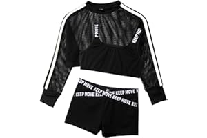 dPois Kids Girls Letter Printed Athletic Net Cover Up Jacket with Crop Top and Rave Bottoms for Yoga Sportswear