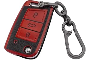 ‎ERMWALR ERMWALR für VW-Schlüsselanhänger-Abdeckung mit Schlüsselanhänger, 3 Tasten, Schlüsselhülle aus Leder und TPU, passend für Volkswagen Golf 7 Polo MK6 Jetta Tiguan Skoda Seat (PW-Vlw-3B-R)