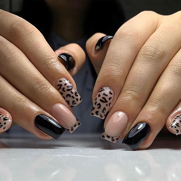 ShiningUU French Nails Press Ons Mit Leopardenmuster – 24 Stück, Rosa Glänzend, Mit Kleber, Einfach Anzubringen