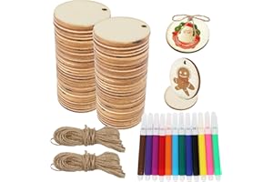 JRJRN 60 Pezzi Cerchi di Legno Rotondi, Dischi con Spago e Penne Colorate, Circolare Naturale per Decorazione, Il Fai Da Te, Pittura