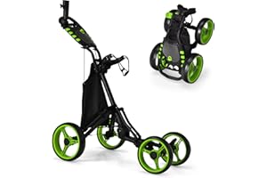 GYMAX 3/4 Wheels Golf Push Pull Cart, Lightweight Height Adjustable Golf Trolley with Storage Bag, Foot Brake, Umbrella Holder and Built-in Cooler, Foldable Golf Bag Holder