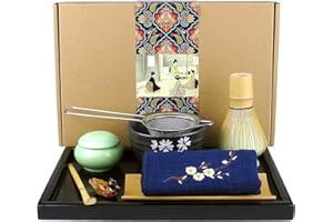 Artcome Japanese Matcha Tea Set, Matcha Whisk, Traditional Scoop, Matcha Bowl, Black Bamboo Tray, Ceramic Whisk Holder, Matcha Caddy, Handmade Matcha Ceremony Kit for Japanese Tea Ceremony (10Pcs)