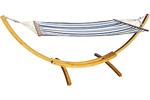 ‎VANVILLA vanvilla Hängematte mit Gestell aus Lärche natufarben Lagarde 320cm x 120cm, Hängematte blau/Weiss gestreift, Edelstahlteile, Hängemattengestell Holz