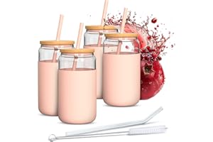 Aquafloow Verre à Boire 4 Pièces 500 ml avec Housse en Silicone et Couvercle en Bambou – 2 Pailles incluses (Silicone & Verre), Résistant aux Températures de -20°C à 150°C