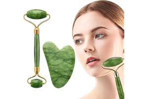 WINKIN Lot de 2 rouleaux de massage en jade et gua sha, pour le visage, grattant, anti-âge, pour cou, joues, raffermissement de la peau